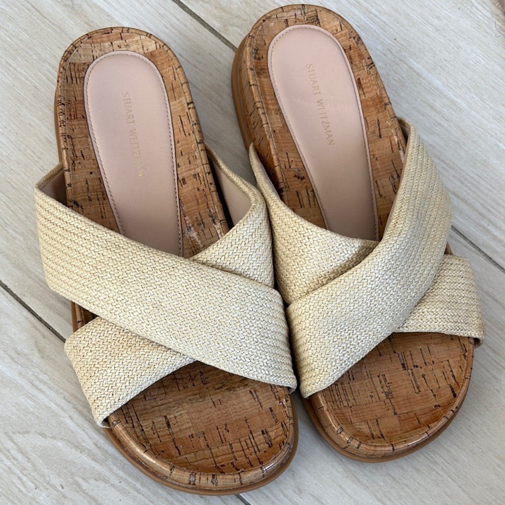 Stuart Weitzman Cream Sandals Cork Base Crisscross Straps